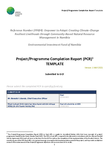 Document cover for Project Completion Report for FP024: Enpower to Adapt: Creating Climate-Change Resilient Livelihoods through Community-Based Natural Resource Management (CBNRM) in Namibia