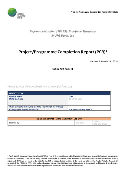 Document cover for Project Completion Report for FP115: Espejo de Tarapacá