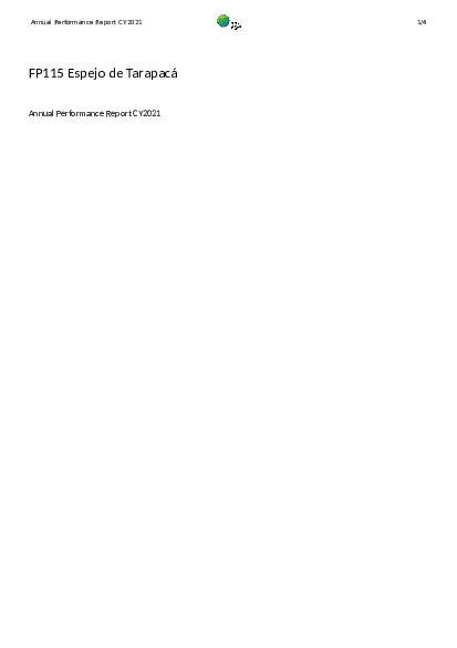 Document cover for 2021 Annual Performance Report for FP115: Espejo de Tarapacá