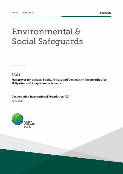 Document cover for Environmental and social safeguards (ESS) report for FP235: Mangroves for climate: Public, Private and Community Partnerships for Mitigation and Adaptation in Ecuador