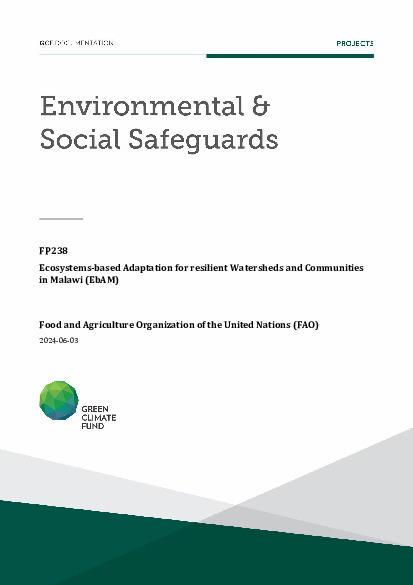 Document cover for Environmental and social safeguards (ESS) report for FP238: Ecosystems-based Adaptation for resilient Watersheds and Communities in Malawi (EbAM)