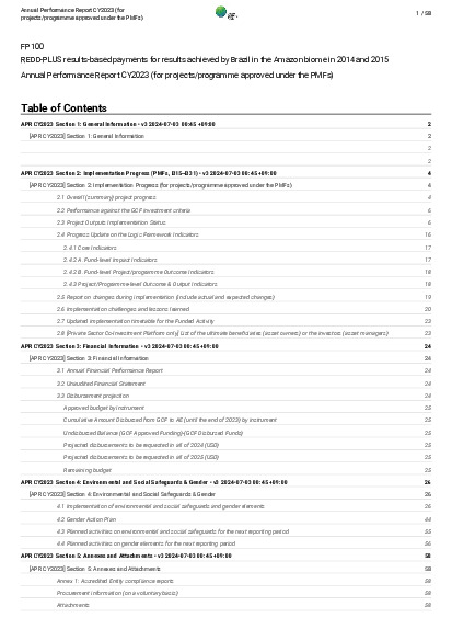 Document cover for 2023 Annual Performance Report for FP100: REDD-PLUS results-based payments for results achieved by Brazil in the Amazon biome in 2014 and 2015