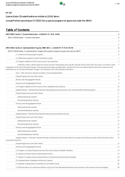 Document cover for 2023 Annual Performance Report for FP187: Ouémé Basin Climate-Resilience Initiative (OCRI) Benin