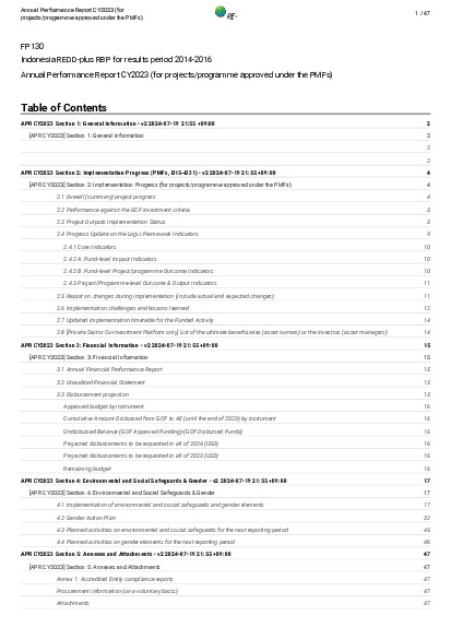 Document cover for 2023 Annual Performance Report for FP130: Indonesia REDD-plus RBP for results period 2014-2016