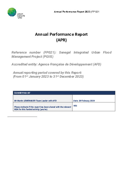 Document cover for 2023 Annual Performance Report for FP021: Senegal Integrated Urban Flood Management Project