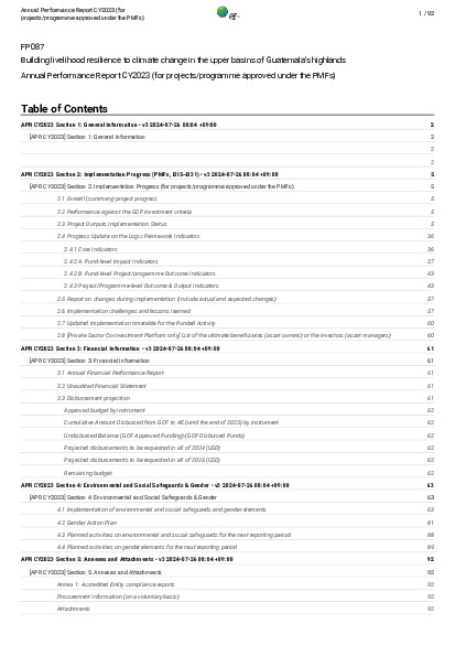 Document cover for 2023 Annual Performance Report for FP087: Building livelihood resilience to climate change in the upper basins of Guatemala’s highlands