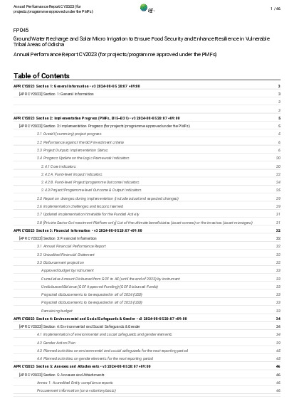 Document cover for 2023 Annual Performance Report for FP045: Ground Water Recharge and Solar Micro Irrigation to Ensure Food Security and Enhance Resilience in Vulnerable Tribal Areas of Odisha