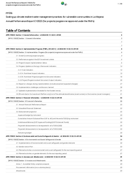 Document cover for 2023 Annual Performance Report for FP056: Scaling up climate resilient water management practices for vulnerable communities in La Mojana