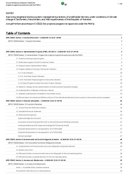 Document cover for 2023 Annual Performance Report for SAP001: Improving rangeland and ecosystem management practices of smallholder farmers under conditions of climate change in Sesfontein, Fransfontein, and Warmquelle areas of the Republic of Namibia