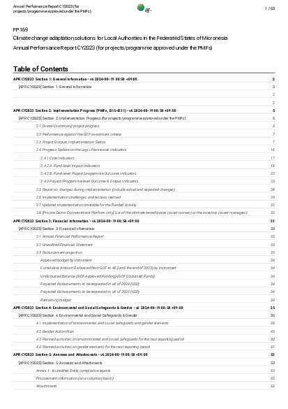 Document cover for 2023 Annual Performance Report for FP169: Climate change adaptation solutions for Local Authorities in the Federated States of Micronesia