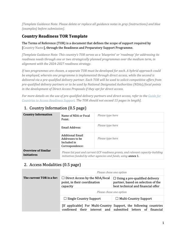 Document cover for Country Readiness TOR template