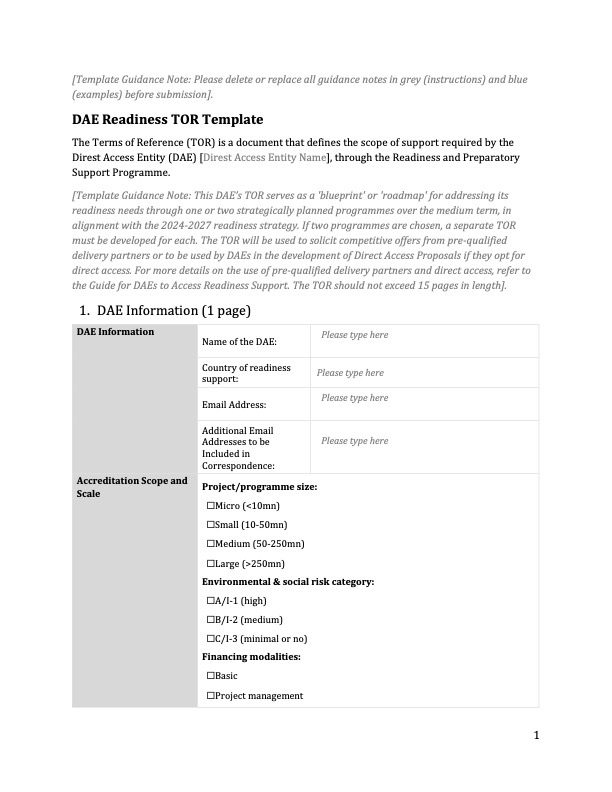 Document cover for Direct Access Entities Readiness TOR template