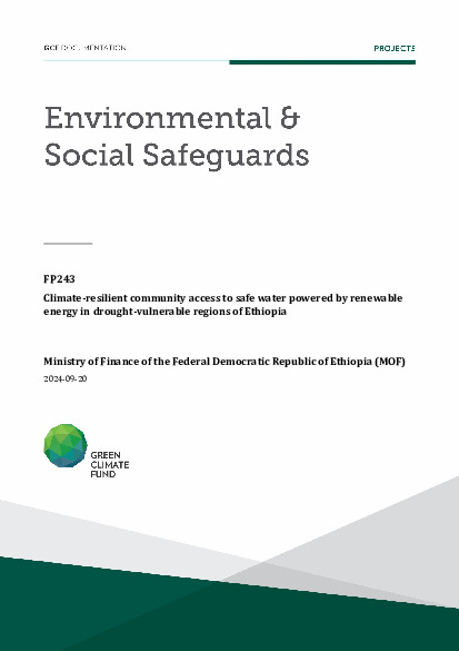 Document cover for Environmental and social safeguards (ESS) report for FP243: Climate-resilient community access to safe water powered by renewable energy in drought-vulnerable regions of Ethiopia