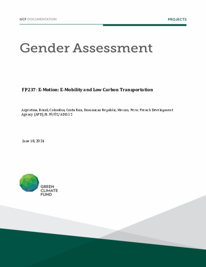 Document cover for Gender assessment for FP237: E-Motion : E-Mobility and Low Carbon Transportation