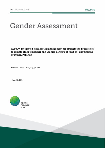 Document cover for Gender assessment for SAP039: Integrated climate risk management for strengthened resilience to climate change in Buner and Shangla districts of Khyber Pakhtunkhwa Province, Pakistan