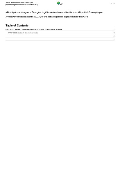 Document cover for 2023 Annual Performance Report for FP012: Africa Hydromet Program – Strengthening Climate Resilience in Sub-Saharan Africa: Mali Country Project