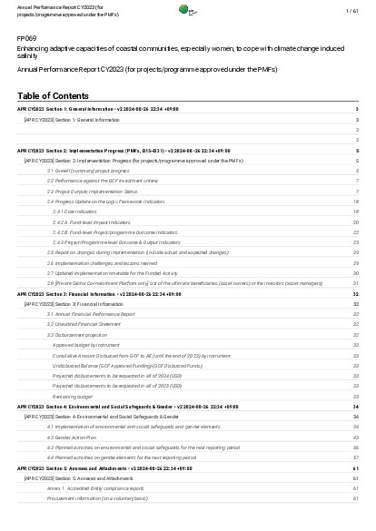 Document cover for 2023 Annual Performance Report for FP069: Enhancing adaptive capacities of coastal communities, especially women, to cope with climate change induced salinity