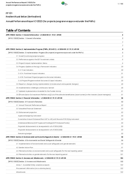 Document cover for 2023 Annual Performance Report for FP101: Resilient Rural Belize (Be-Resilient)