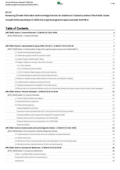 Document cover for 2023 Annual Performance Report for FP147: Enhancing Climate Information and Knowledge Services for resilience in 5 island countries of the Pacific Ocean