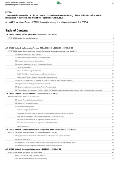 Document cover for 2023 Annual Performance Report for FP126: Increased climate resilience of rural households and communities through the rehabilitation of production landscapes in selected localities of the Republic of Cuba (IRES)