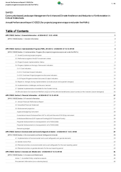 Document cover for 2023 Annual Performance Report for SAP021: Community-based Landscape Management for Enhanced Climate Resilience and Reduction of Deforestation in Critical Watersheds