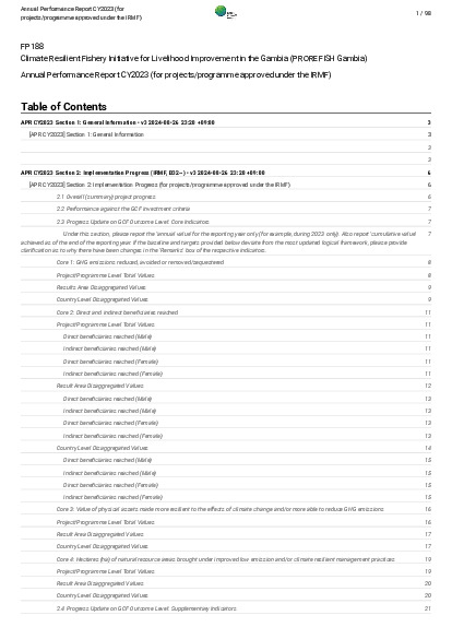 Document cover for 2023 Annual Performance Report for FP188: Climate Resilient Fishery Initiative for Livelihood Improvement in the Gambia (PROREFISH Gambia)