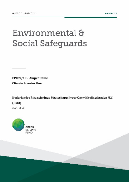 Document cover for Environmental and social safeguards (ESS) report for FP099: Climate Investor One - Ampyr Dhule