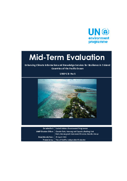 Document cover for Mid-term evaluation report for FP147: Enhancing Climate Information and Knowledge Services for resilience in 5 island countries of the Pacific Ocean