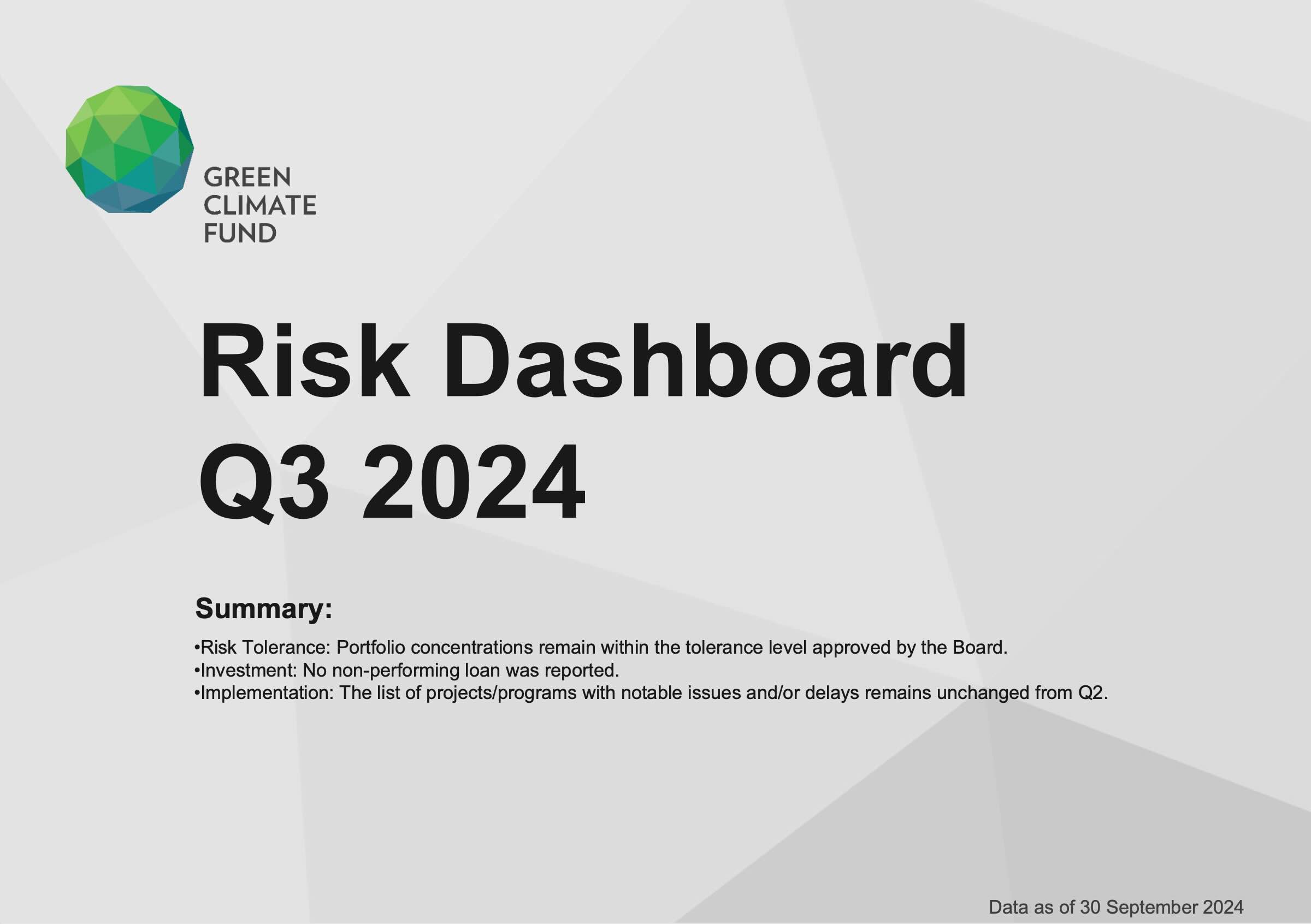 Document cover for GCF Risk Dashboard (Q3 2024)