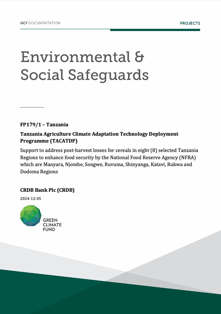 Document cover for Environmental and social safeguards (ESS) report for FP179: Tanzania Agriculture Climate Adaptation Technology Deployment Programme (TACATDP)