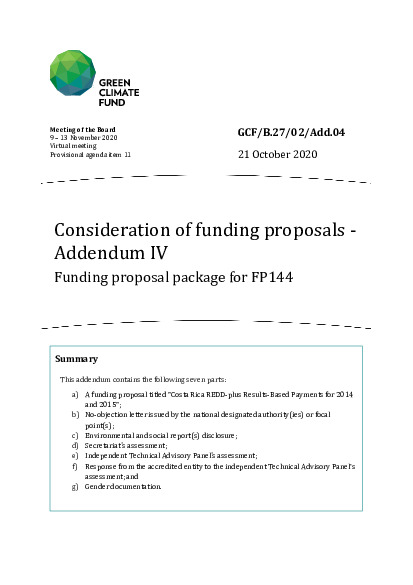 Document cover for Consideration of funding proposals - Addendum IV Funding proposal package for FP144