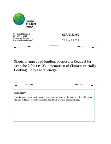 Document cover for Status of approved funding proposals: Request for Tranche 2 for FP103 - Promotion of Climate-Friendly Cooking: Kenya and Senegal