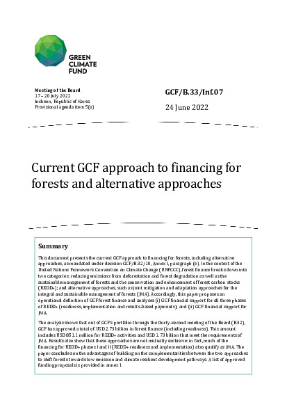 Document cover for Current GCF approach to financing for forests and alternative approaches