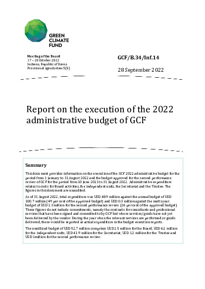 Document cover for Report on the execution of the 2022 administrative budget of GCF