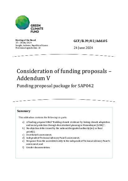 Document cover for Consideration of funding proposals – Addendum V Funding proposal package for SAP042