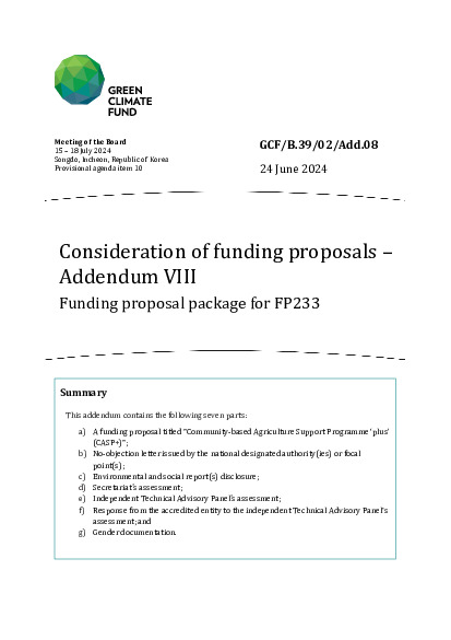 Document cover for Consideration of funding proposals – Addendum VIII Funding proposal package for FP233