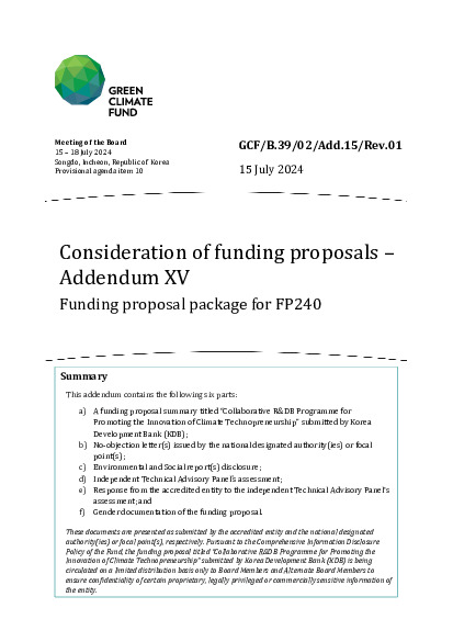 Document cover for Consideration of funding proposals – Addendum XV Funding proposal package for FP240