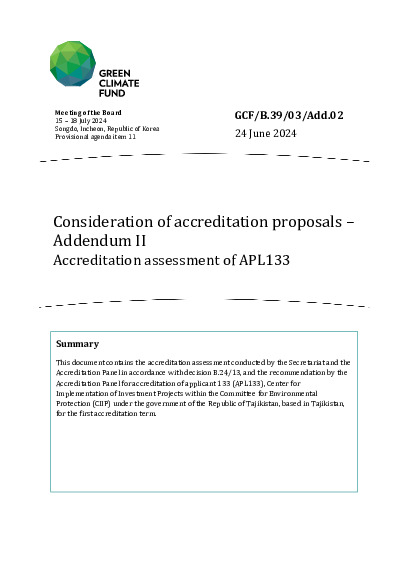 Document cover for Consideration of accreditation proposals – Addendum II: Accreditation assessment of APL133