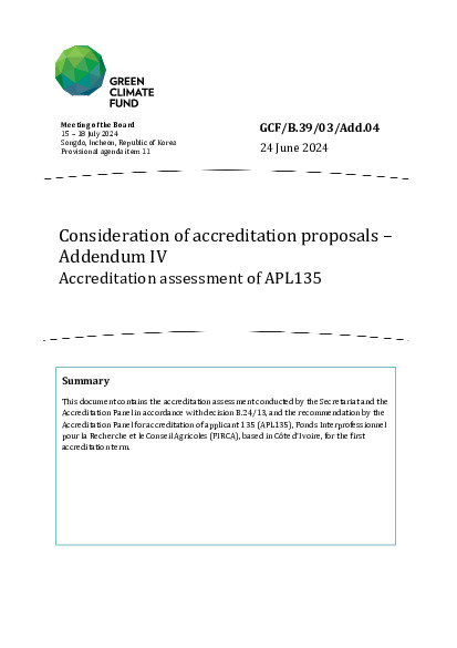 Document cover for Consideration of accreditation proposals – Addendum IV: Accreditation assessment of APL135