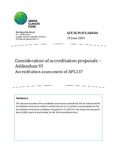 Document cover for Consideration of accreditation proposals – Addendum VI: Accreditation assessment of APL137