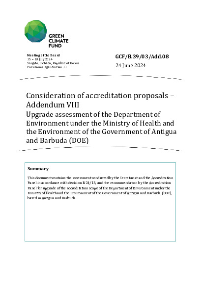 Document cover for Consideration of accreditation proposals – Addendum VIII: Upgrade assessment MOHE DOE Antigua and Barbuda