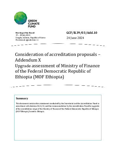 Document cover for Consideration of accreditation proposals – Addendum X: Upgrade assessment MOF Ethiopia