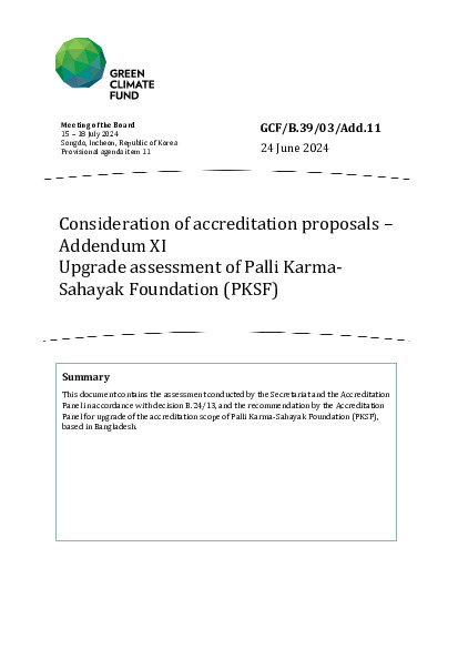 Document cover for Consideration of accreditation proposals – Addendum XI: Upgrade assessment PKSF
