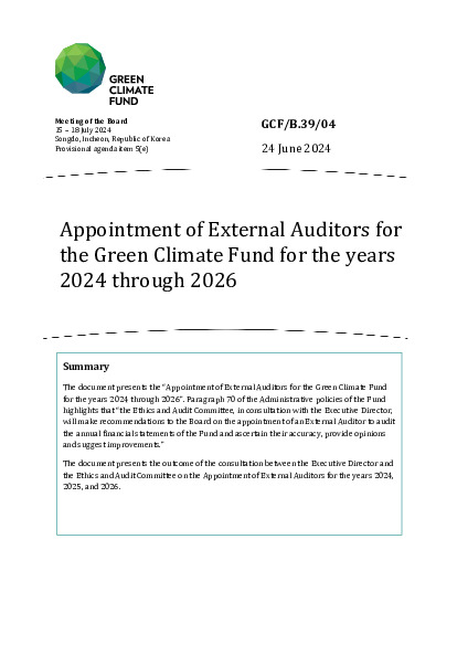 Document cover for Appointment of External Auditors for  the Green Climate Fund for the years 2024 through 2026