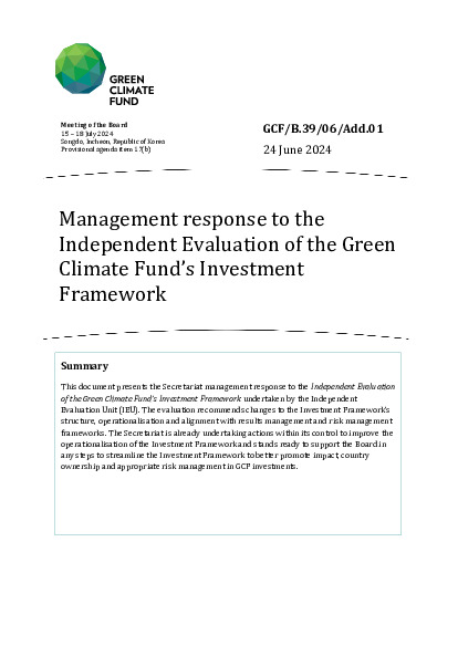 Document cover for Management response to the Independent Evaluation of the Green Climate Fund’s Investment Framework 