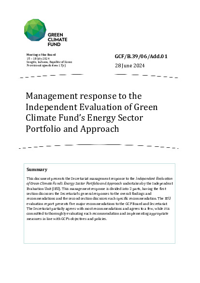 Document cover for Management response to the Independent Evaluation of Green Climate Fund’s Energy Sector Portfolio and Approach