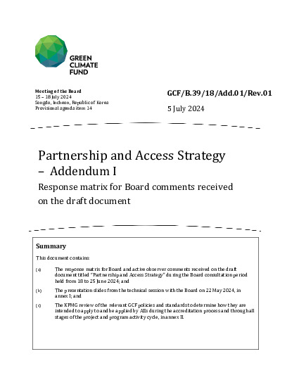 Document cover for Partnership and Access Strategy – Addendum I: Response matrix for Board comments received on the draft document