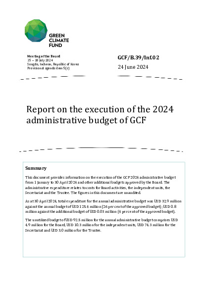 Document cover for Report on the execution of the 2024 administrative budget of GCF