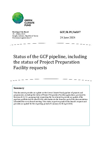 Document cover for Status of the GCF pipeline, including  the status of Project Preparation  Facility requests