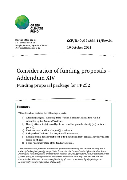 Document cover for Consideration of funding proposals – Addendum XIV Funding proposal package for FP252